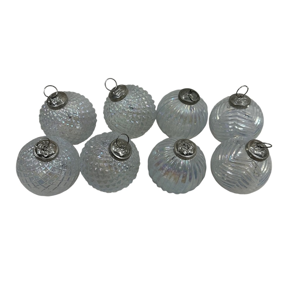 8pc Iridescent White Glass Christmas Ornaments Textured Ribbed Chevron‎ 3 Inch